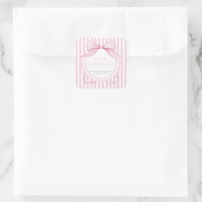 Pink Bow Girl Coquette Striped Baby Shower  Square Sticker (Bag)