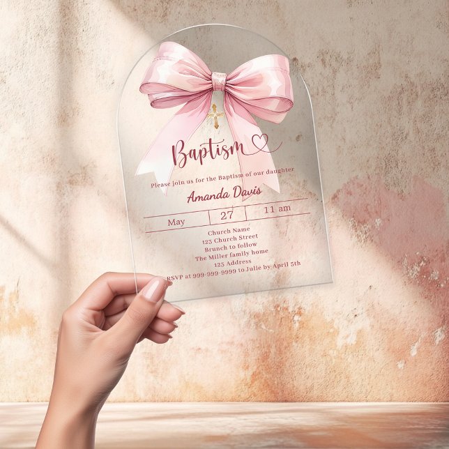 Pink bow girl elegant clear luxury arch Baptism Acrylic Invitations (Creator Uploaded)
