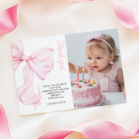 Pink Bow Girl First Birthday Flat Thank You Card