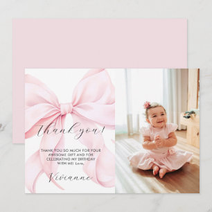 Pink Bow Girl First Birthday Flat Thank You Card