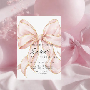 Pink Bow Girl First Birthday  Invitation