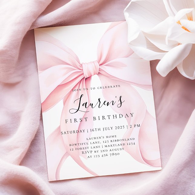 Pink Bow Girl First Birthday  Invitation (Creator Uploaded)