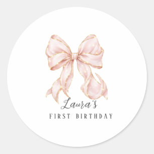 Pink Bow Girl First Birthday Party Classic Round Sticker