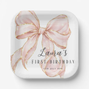 Pink Bow Girl First Birthday Party Paper Plate