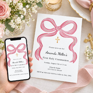 Pink bow girl First Communion Invitation
