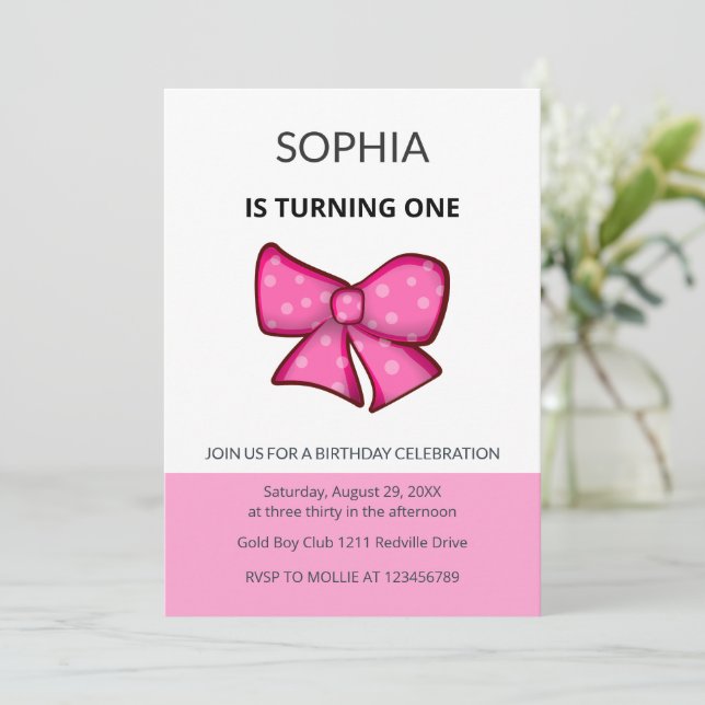 Pink Bow Girl Kids First Birthday  Invitation (Standing Front)