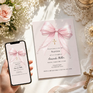 Pink bow girl pearls champagne Baptism Invitation