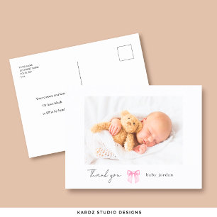 Pink Bow Girl Photo Modern Baby Shower Thank You Postcard