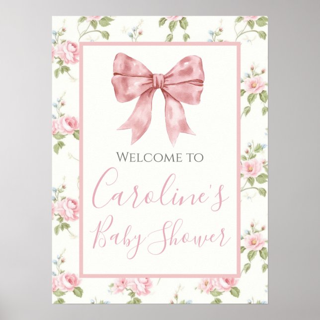 Pink Bow Girl Preppy Southern Baby Shower Poster (Front)