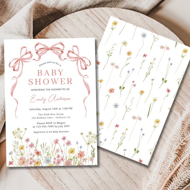 Pink Bow Girl Wildflower Floral Baby Shower Invitation (Creator Uploaded)