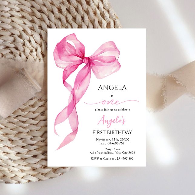 Pink Bow Girls 1st Birthday Invitation (Creator Uploaded)