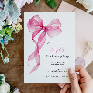 Pink Bow Girls 1st Birthday Invitation