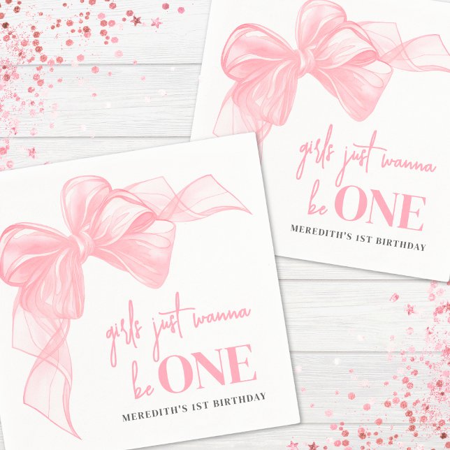 Pink Bow Girls 1st Birthday Napkin (Pink Bow Girls 1st Birthday Napkins)