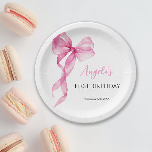 Pink Bow Girls 1st Birthday Paper Plate