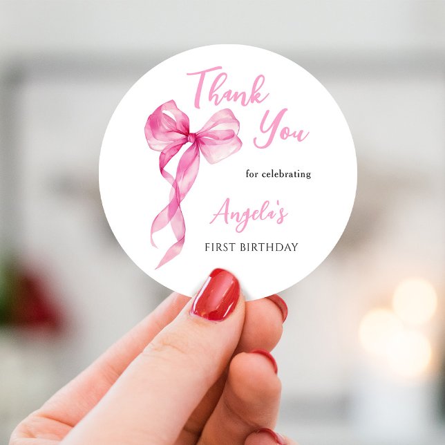 Pink Bow Girls 1st Birthday Thank You Classic Round Sticker (Creator Uploaded)