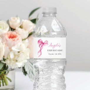 Pink Bow Girls 1st Birthday Water Bottle Label
