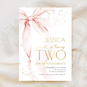 Pink Bow Girls 2nd Birthday  Invitation