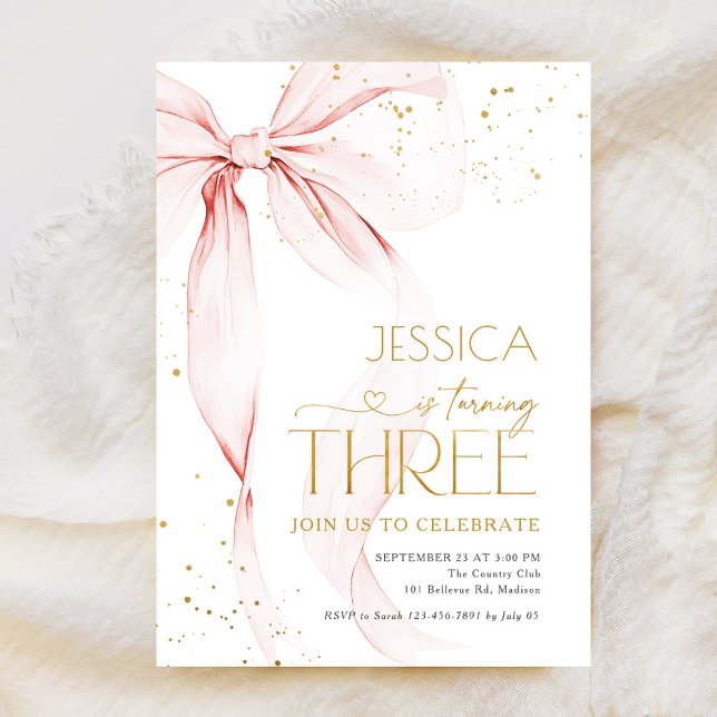 Pink Bow Girls 3rd Birthday  Invitation (Creator Uploaded)