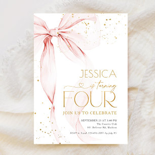 Pink Bow Girls 4th Birthday Invitation