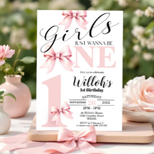Pink Bow Girls Just Wanna Be ONE Birthday Invite
