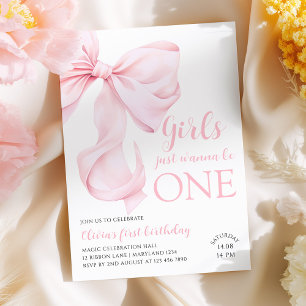 Pink Bow Girls Just Wanna be ONE First Birthday Invitation