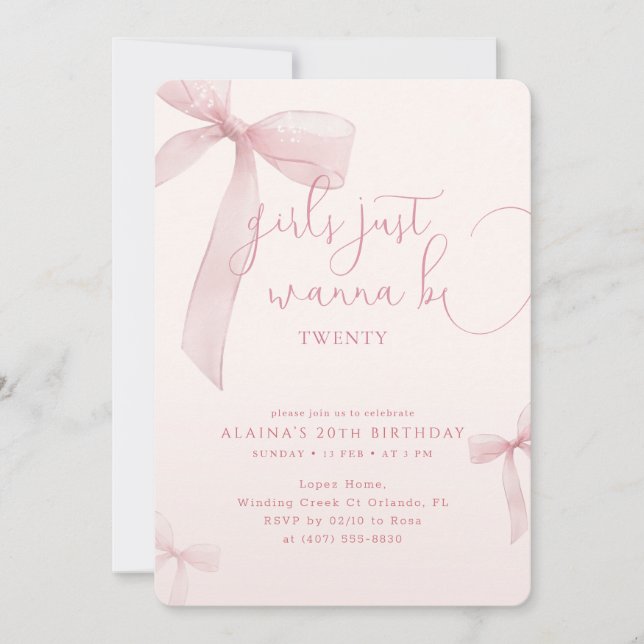 Pink Bow Girls Just Wanna be Twenty Birthday Invitation (Front)