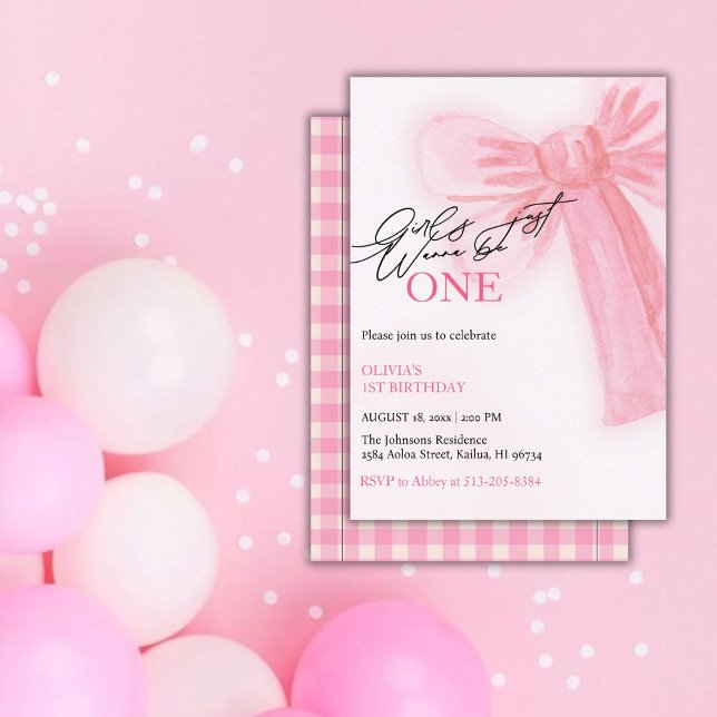 Pink Bow Girls Just Want To Be One 1st Birthday Holiday Card (Creator Uploaded)