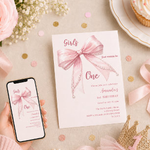 Pink bow girls wanna be one 1st Birthday Invitation