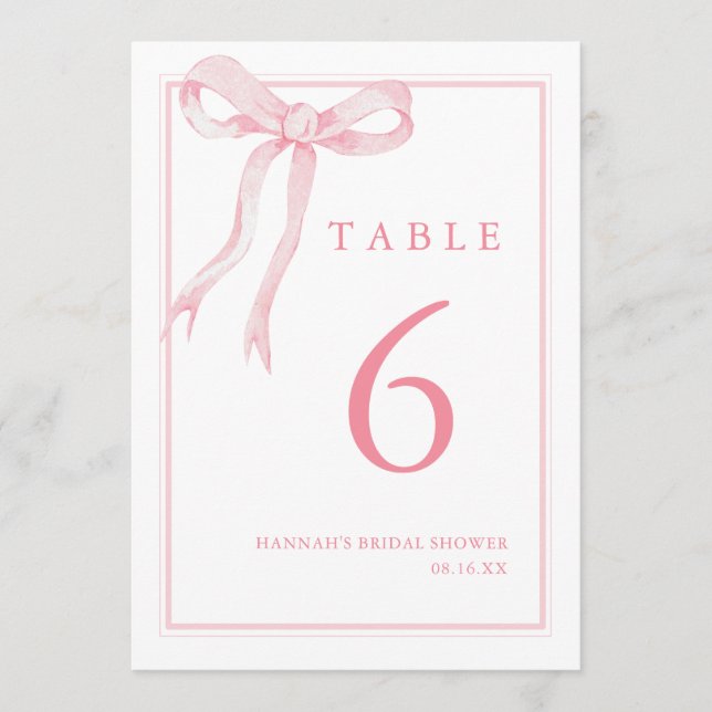 Pink Bow Girly Coquette Table Number (Front)