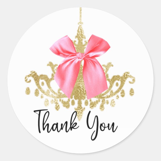 Pink Bow Gold Chandelier Thank You Classic Round Sticker (Front)