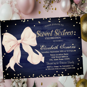Pink Bow Gold Diamonds Navy Blue Sweet 16 Invitation