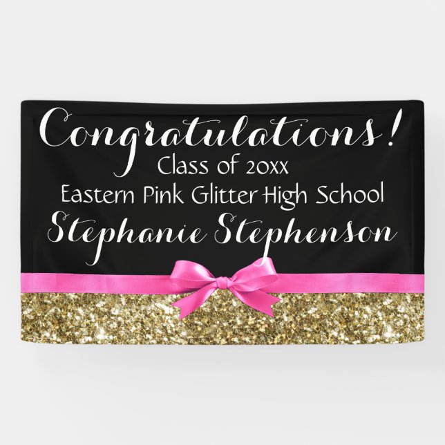 Pink Bow Gold Glitter Girls Graduation Party Banner (Horizontal)