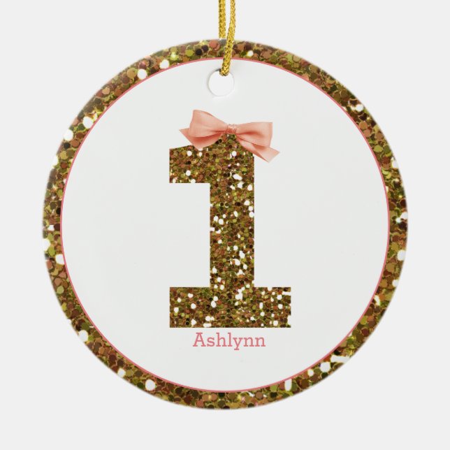 Pink Bow Gold Glitter One 1st Birthday Ceramic Ornament (Front)