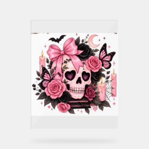 Pink Bow Gothic Skull Coquette Halloween Acrylic Sign
