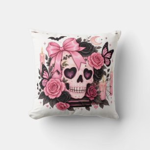Pink Bow Gothic Skull Coquette Halloween Throw Pillow