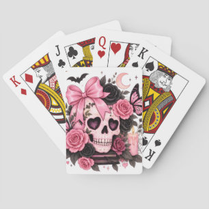 Pink Bow Gothic Skull Coquette Halloween Tote Bag Playing Cards