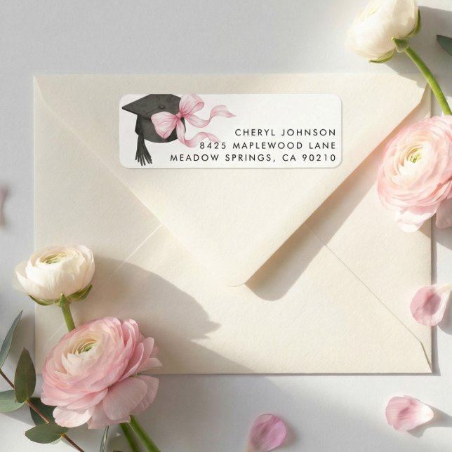 Pink Bow Graduation Cap Return Address Label (Créateur téléchargé)