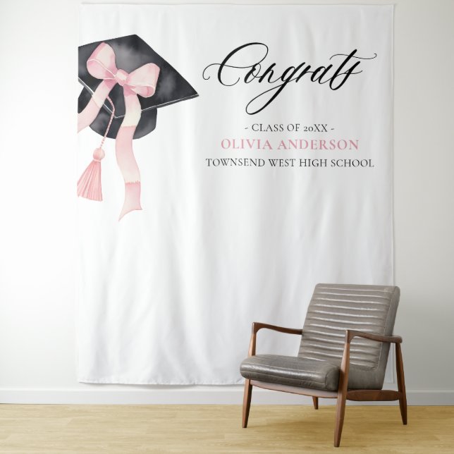 Pink Bow Graduation Congratulation Photo Backdrop Tapestry (In Situ)