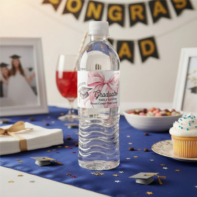 Pink Bow Graduation Hat Graduate Water Bottle Label (Creator Uploaded)