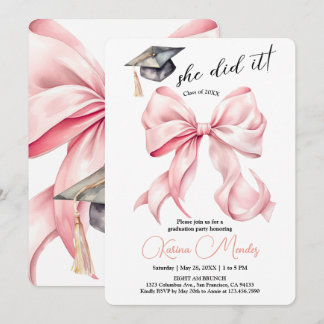 Pink Bow Graduation Invitation She Did it 
