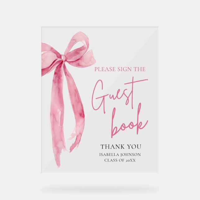 Pink Bow Graduation Party Guest Book Acrylic Sign (Front)