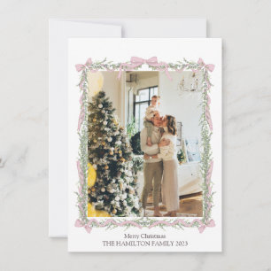 Pink Bow Green Garland  Backside Message   Holiday Card