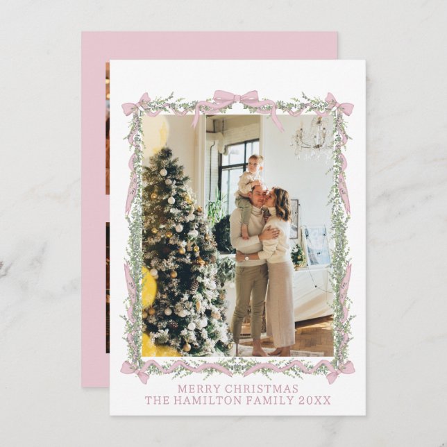 Pink Bow Green Garland Gingham Christmas 5 Photo  Holiday Card (Front/Back)
