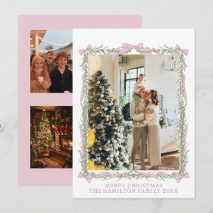 Pink Bow Green Garland Gingham Christmas 5 Photo  Holiday Card