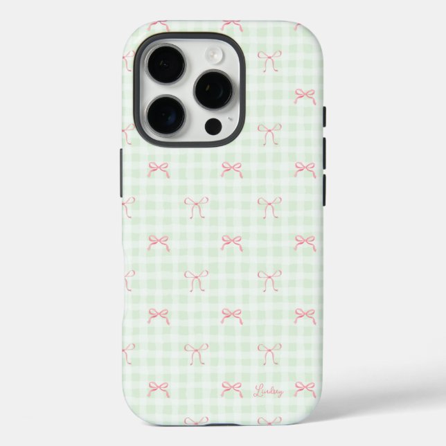 Pink Bow Green Gingham Personalized Name Case-Mate iPhone Case (Back)