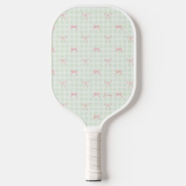 Pink Bow Green Gingham Personalized Name Pickleball Paddle (Front)