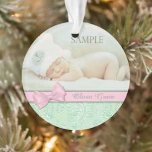 Pink Bow Green Pastel Baby 1er Noël Photo
