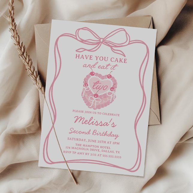 Pink Bow Have Your Cake and Eat It Two Birthday Invitation (Creator Uploaded)
