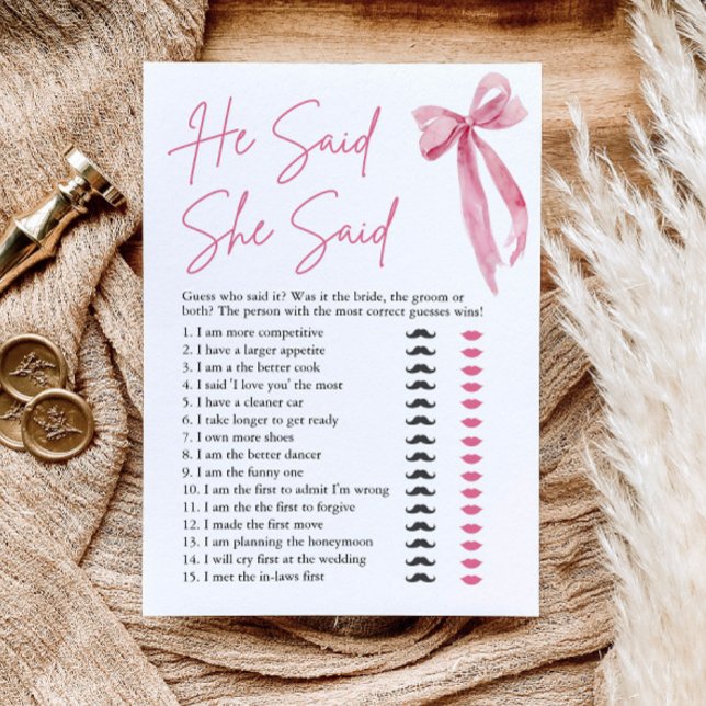 Pink Bow He Said She Said Bridal Shower Game Invitation (Pink Bow He Said She Said Bridal Shower Game)