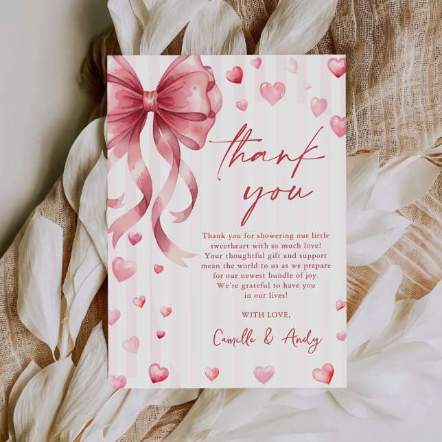 Pink Bow Hearts Valentines Baby Shower Thank You Card (Creator Uploaded)